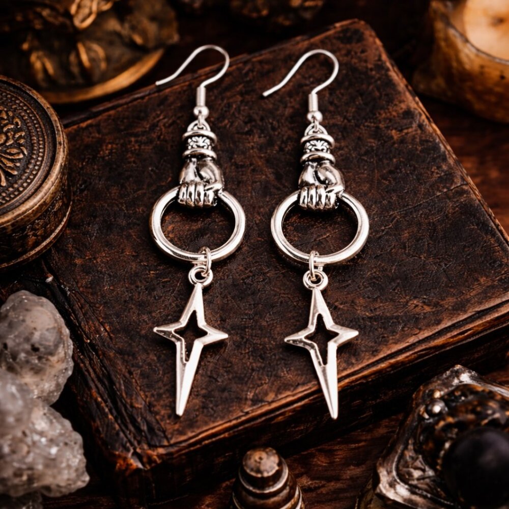 Starkeeper Relic Earrings Gothic Celestial Hand Star | 925 Sterling Silver Hooks